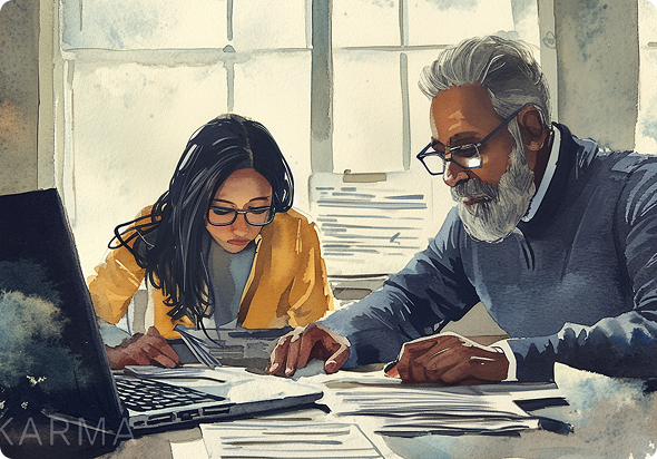 Father and daughter sitting at desk with laptopl illustration