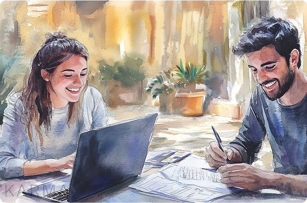 Woman on laptop at desk and man writing at desk
